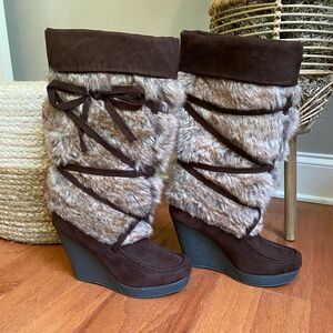 Brown Faux Fur Wedge Boots